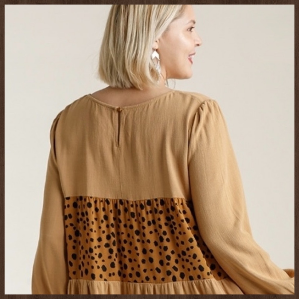 UMGEE Puff Sleeve & Ruffled Cuff Tiered Babydoll Dress Fringe Hem W/Animal Print - Picture 5 of 16